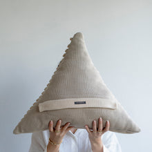 Load image into Gallery viewer, The Triangle Cushion is the perfect statement piece for your sofa or bedroom thanks to its geometric shapes.  Available in two different sizes.  Disclaimer: Every cushion is individually knitted and sewn by hand to ensure the highest level of comfort and long-lasting quality, which means you may find slight variations in design and size.  Cushion filling included. 45H x 54 cm 100% polyester