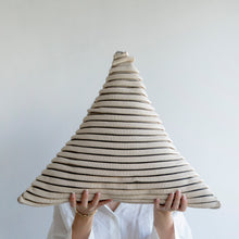 Load image into Gallery viewer, The Triangle Cushion is the perfect statement piece for your sofa or bedroom thanks to its geometric shapes.  Available in two different sizes.  Disclaimer: Every cushion is individually knitted and sewn by hand to ensure the highest level of comfort and long-lasting quality, which means you may find slight variations in design and size.  Cushion filling included. 45H x 54 cm 100% polyester