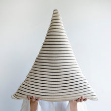 Load image into Gallery viewer, The Triangle Cushion is the perfect statement piece for your sofa or bedroom thanks to its geometric shapes.  Available in two different sizes.  Disclaimer: Every cushion is individually knitted and sewn by hand to ensure the highest level of comfort and long-lasting quality, which means you may find slight variations in design and size.  Cushion filling included. 60H x 55 cm 100% polyester