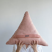 Load image into Gallery viewer, The Triangle Cushion is the perfect statement piece for your sofa or bedroom thanks to its geometric shapes.  Available in two different sizes.  Disclaimer: Every cushion is individually knitted and sewn by hand to ensure the highest level of comfort and long-lasting quality, which means you may find slight variations in design and size.  Cushion filling included. 45H x 54 cm 100% polyester