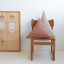 Load image into Gallery viewer, The Triangle Cushion is the perfect statement piece for your sofa or bedroom thanks to its geometric shapes.  Available in two different sizes.  Disclaimer: Every cushion is individually knitted and sewn by hand to ensure the highest level of comfort and long-lasting quality, which means you may find slight variations in design and size.  Cushion filling included. 45H x 54 cm 100% polyester