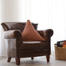 Load image into Gallery viewer, The Triangle Cushion is the perfect statement piece for your sofa or bedroom thanks to its geometric shapes.  Available in two different sizes.  Disclaimer: Every cushion is individually knitted and sewn by hand to ensure the highest level of comfort and long-lasting quality, which means you may find slight variations in design and size.  Cushion filling included. 45H x 54 cm 100% polyester